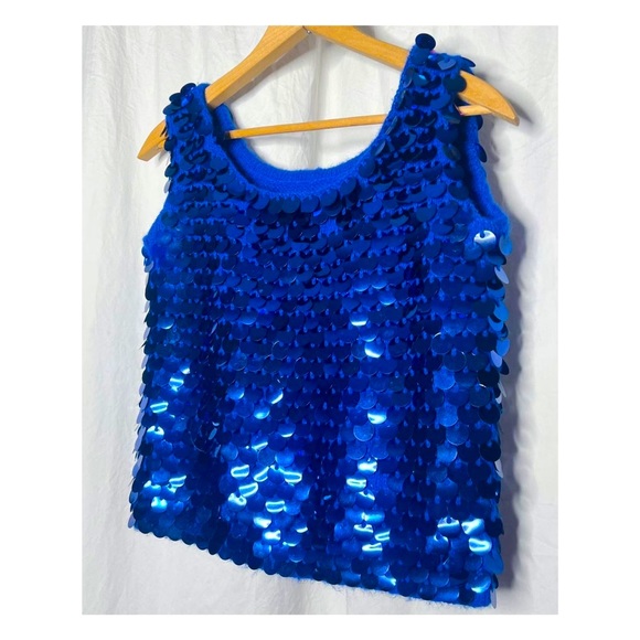 VTG Giant Sequined Sparkly Cobalt Blue Wool Knit Tank - Picture 4 of 4